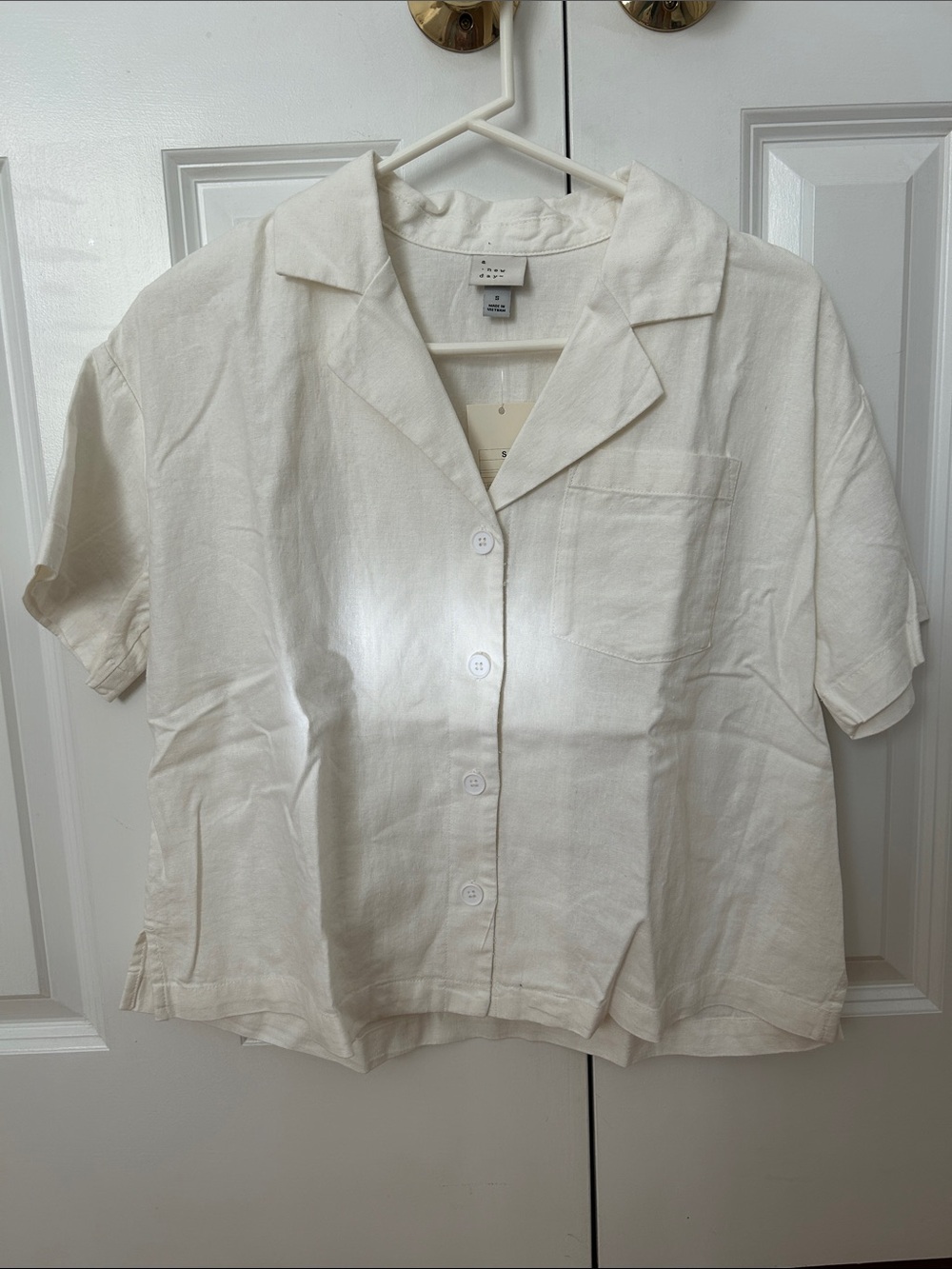 A New Day Linen Blend Cream Short Sleeve Button Down